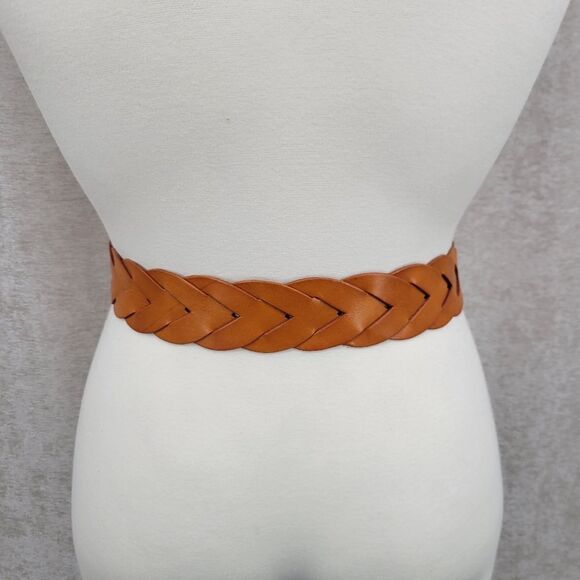 Miss Me Braided Woven Orangey Tan Leather Belt with Large Gold Toned Oval Buckle main image 11